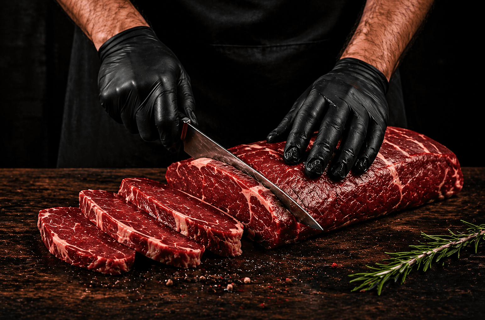 Expert butcher cutting meat